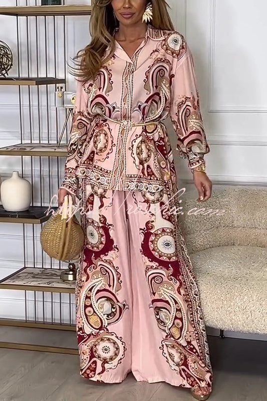 Unique Print Lapel Long Sleeve Tie Waist Shirt and Elastic Waist Pocket Wide Leg Pants Set