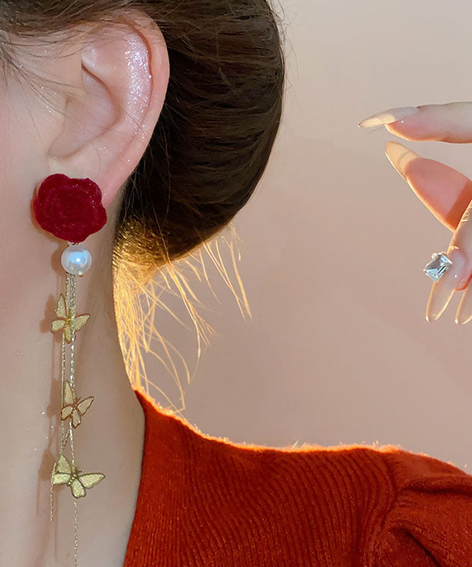 New Red Copper Overgild Pearl Velvet Butterfly Tassel Drop Earrings