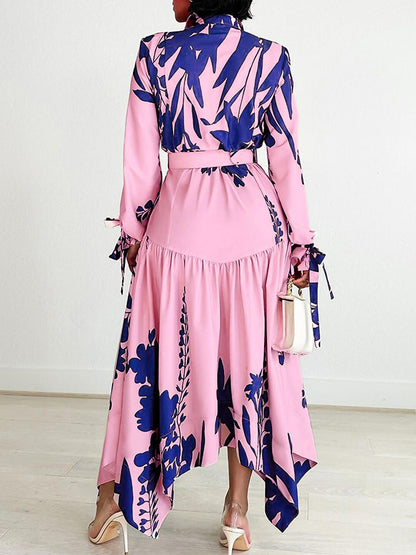 Irregular Clipping Long Sleeves Lace-up Pleated Printed Split-joint Tied Waist Lapel Maxi Dresses Shirt Dress