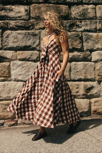 Plaid Buttoned Halter Midi Dress
