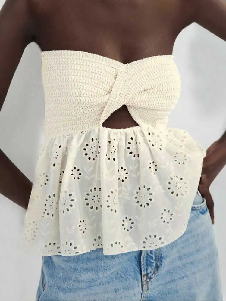 White Tube Top Knit Twist Crop Top Lace Mesh Strapless Corset Top Korean Chiffon Blouse