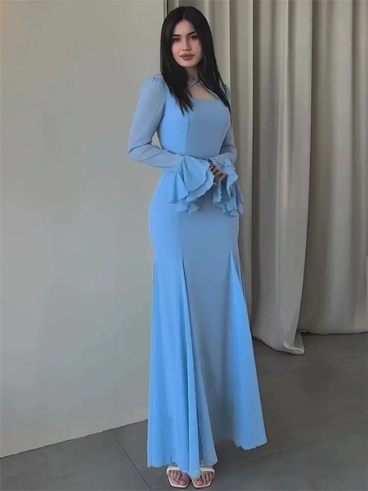 Autumn Ruffled Long Dress Bandage Slim High Waist Patchwork Party Dress ’s Chiffon Maxi Dress
