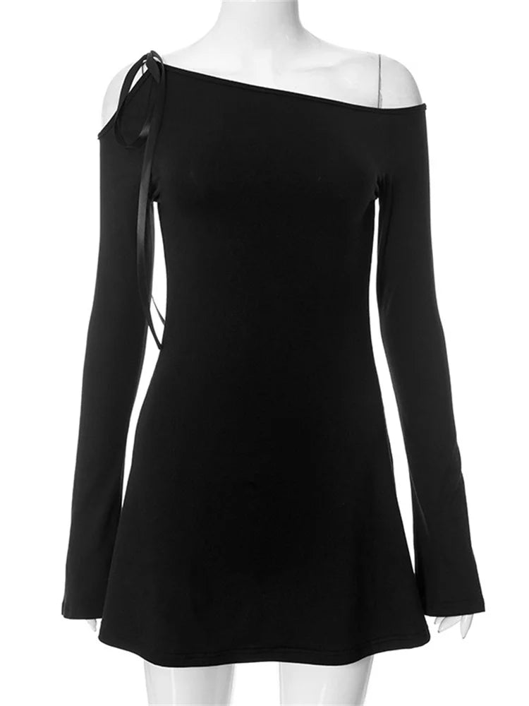 Off-shoulder Ruffled Bandage Mini Dress for Long Sleeve Patchwork Lace-up Dress Female Dress
