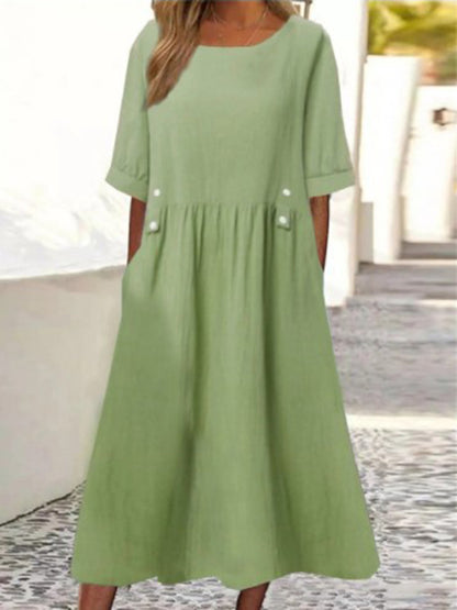 A-line Loose Buttoned Pleated Pockets Round-neck Midi Dresses