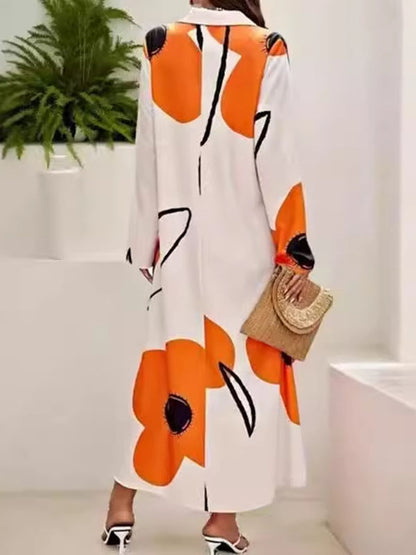 Long Sleeves Loose Printed Split-joint Lapel Maxi Dresses Shirt Dress