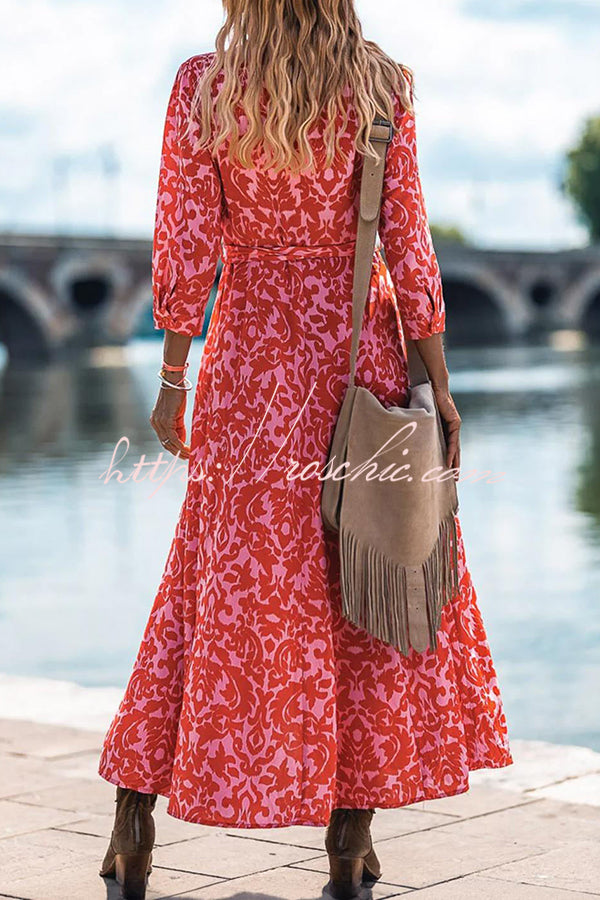 Lapel Slit Print Lace Up Button Maxi Dress