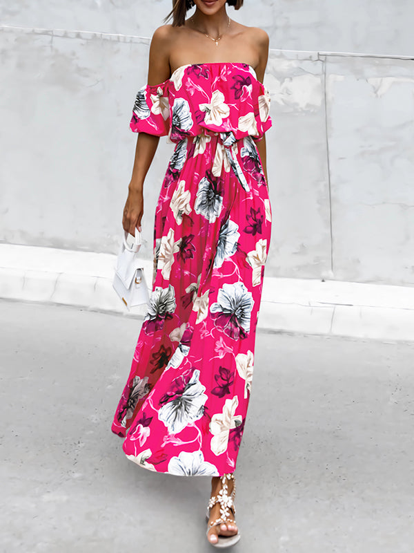 A-line Loose Elasticity Flower Print Pleated Split-joint Tied Waist Off-the-shoulder Maxi Dresses