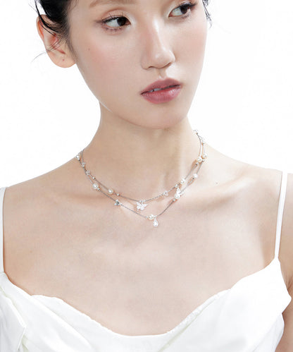 Original White Butterfly Crystal Pearl Double Layered Adjustable Silver Necklace