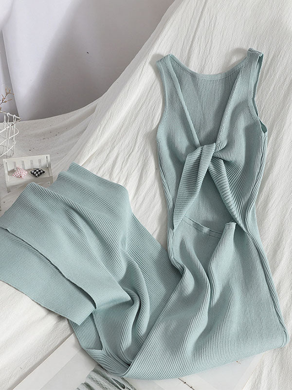 Bodycon Sleeveless Bowknot Hollow Color Midi Dresses