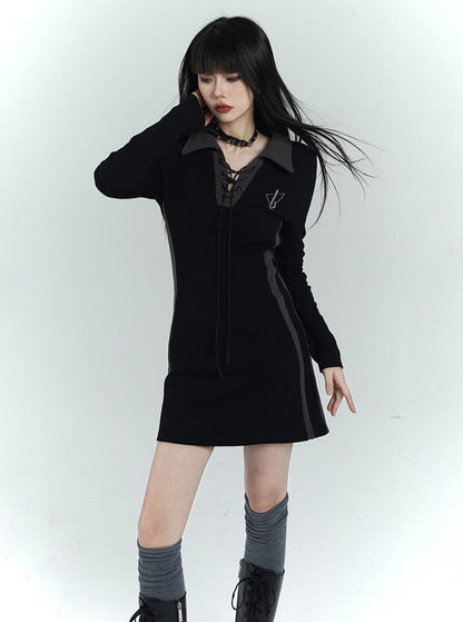 Lace-up Collar Mini Dress