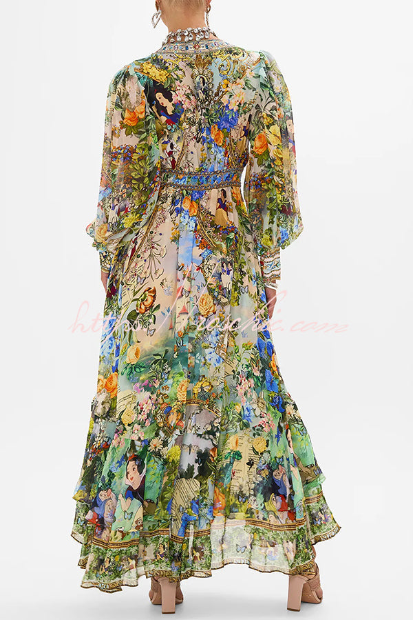 Fairy Tale Print V-neck Lantern Sleeve Waist Maxi Dress