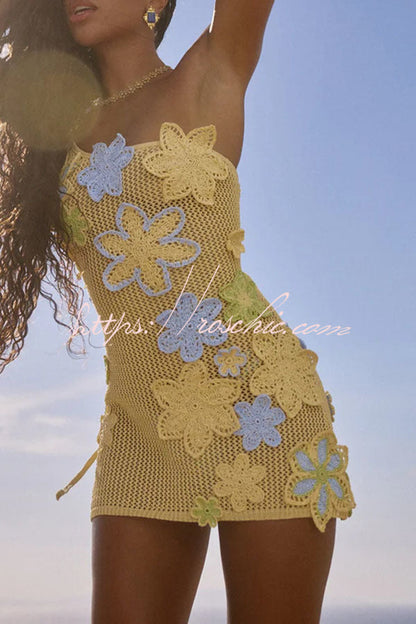 Nammos Knit Crochet Handmade Flower One Shoulder Back Tie-up Stretch Mini Dress