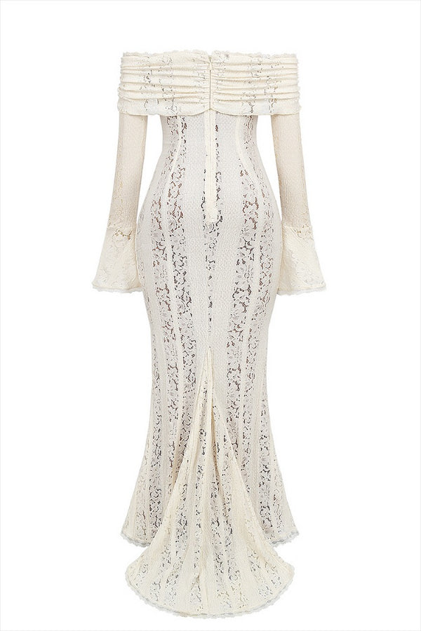Lace Off Shoulder Flare Sleeve Fishtail Maxi Dresses-white