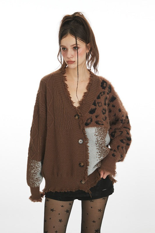 Leopard Print Patchwork V Neck Knit Cardigan