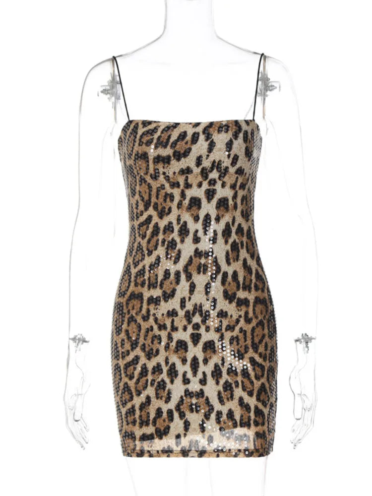 Spaghetti Strap Leopard Print Mini Dress for New Sleeveless Backless Skinny Night Club Party Dress