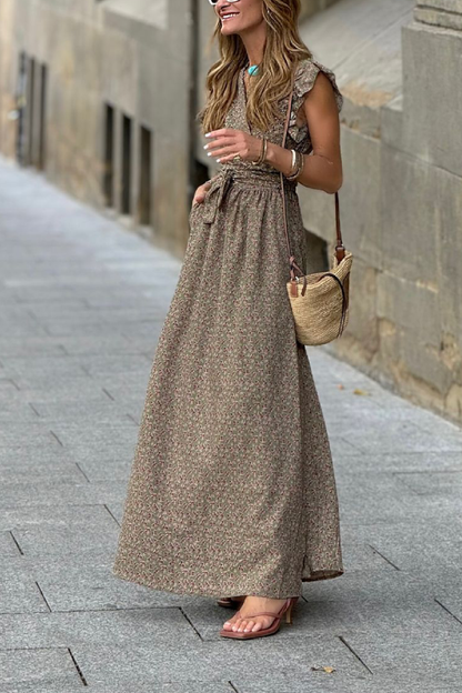 V-neck Ruffled Short-sleeved Waist Long Dress