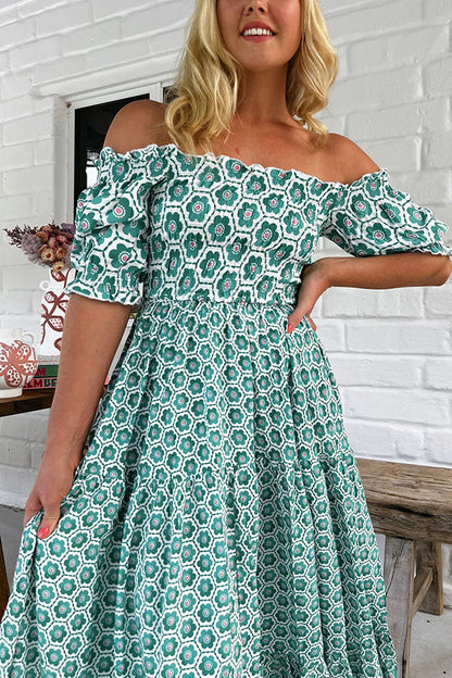 Print Off-the-shoulder Puff-sleeve Pleated Maxi Dress