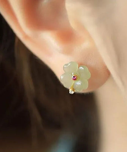 Light Green Sterling Silver Jade Zircon Four Leaf Clover Stud Earrings