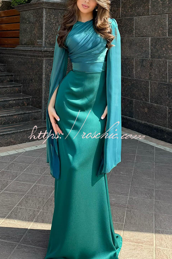Liora Ruched Organza and Satin Patchwork Design Long Bell Slit Sleeve Maxi Dress