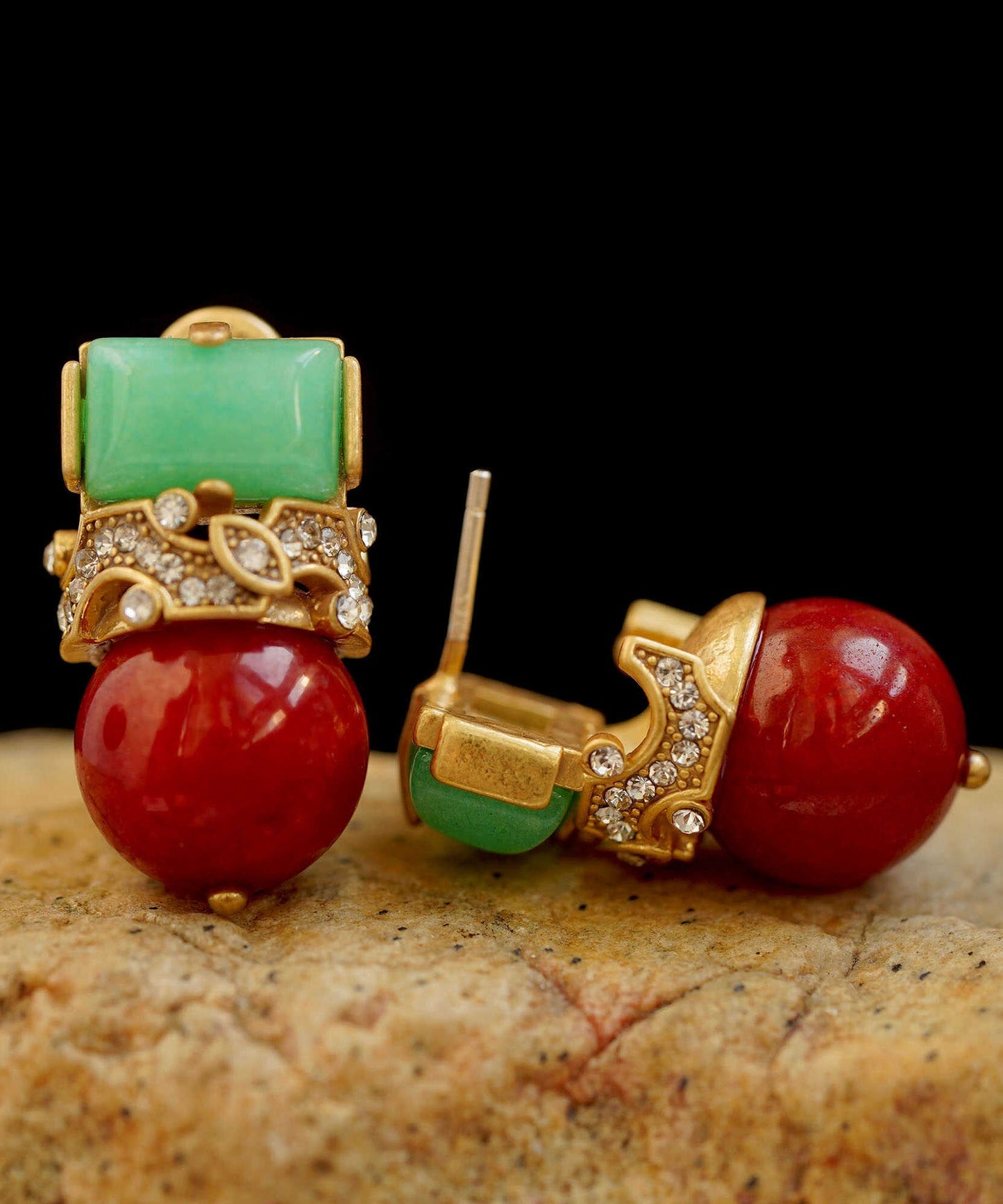 Colorblock Sterling Silver Overgild Zircon Jade Agate Stud Earrings