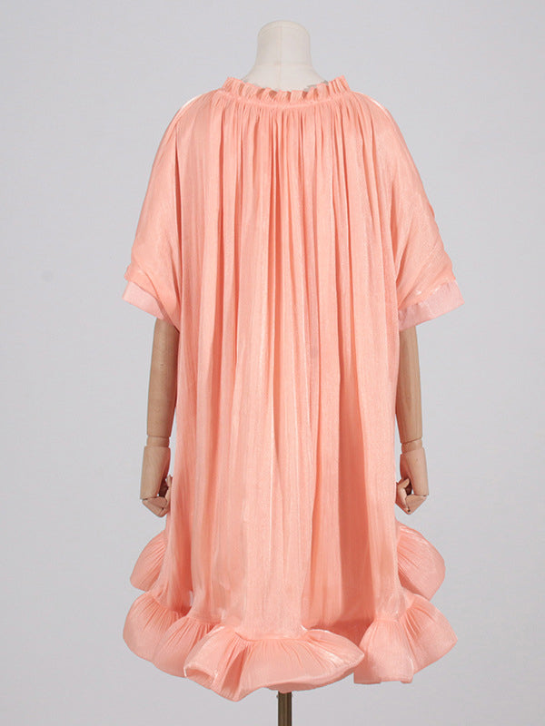 High-low Loose Pleated Split-joint Stand Collar Mini Dresses