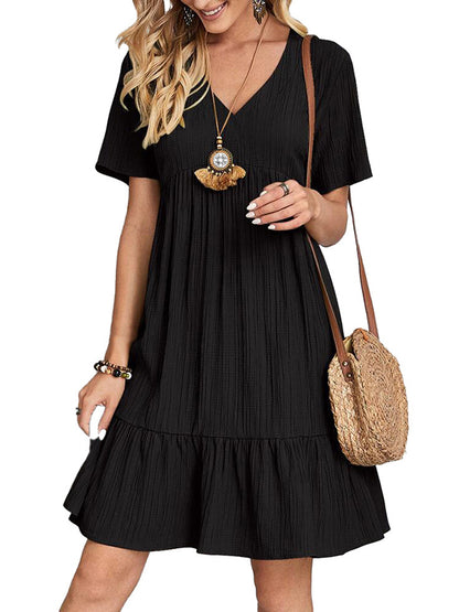 A-line Loose Pleated Color Split-joint V-neck Mini Dresses