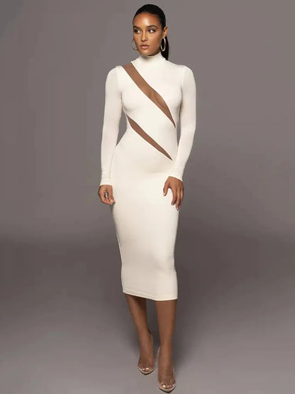 Autumn/winter Long Sleeve Mesh Patchwork Dress ’s Perspective Bodycon Midi Dress Female Party Evening Dress
