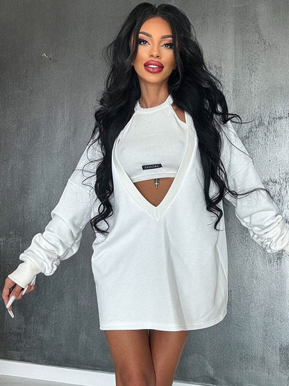 Loose Color Round-neck Mini Dresses & Vest Top Two Pieces Set