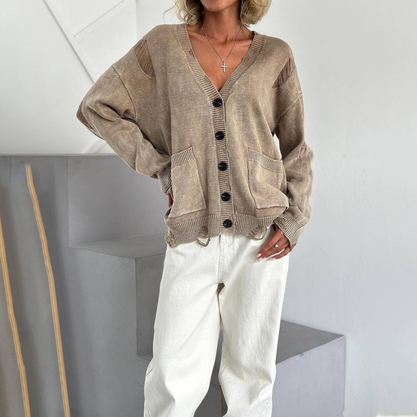 Distressed Washed Woolen Cardigan