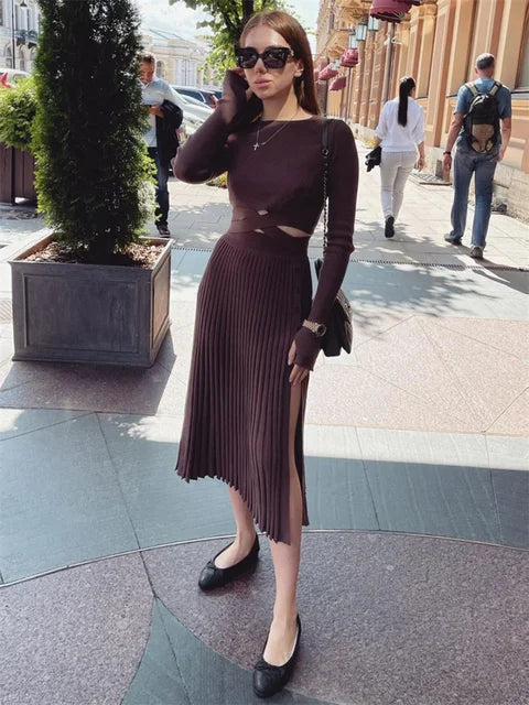 New White Knit Two Piece Sets Fall Ribbed Crop Top and Pleated Knitted Skirt Suits for Midi Dress Sets