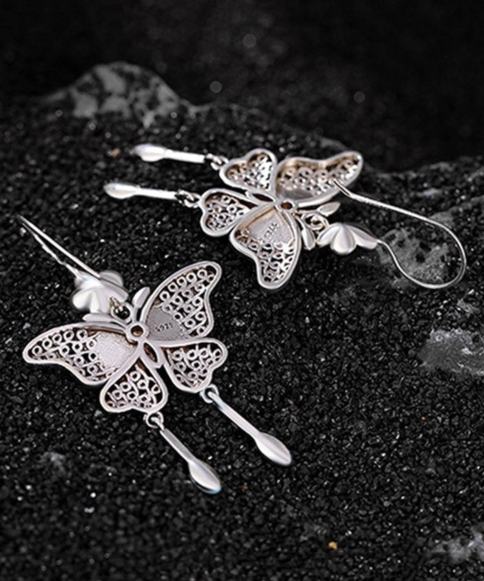 Boutique Blue Sterling Silver Butterfly Plum Blossom Tassel Drop Earrings