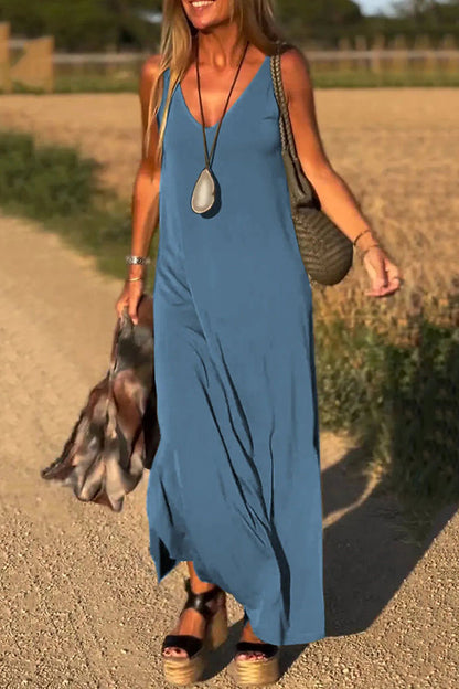 Color V-neck Sleeveless Loose Maxi Dress
