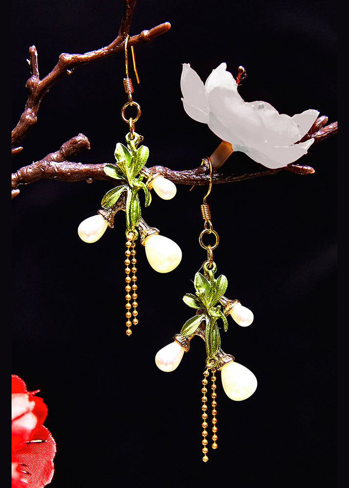 Fine White Pearl 14k Gold Branch Tassels Drop Earrings