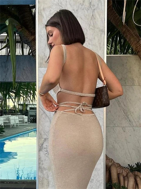 Holiday Crochet Summer Dress Backless Maxi Bodycon Dress for Beach Party Spaghetti Strap Contrast Color Long Dresses
