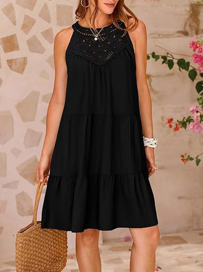 A-line Loose Hollow Pleated Color Split-joint Round-neck Mini Dresses