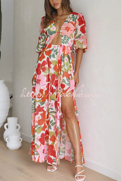 Del Mare Puff Sleeve Front Cutout High Low Maxi Dress