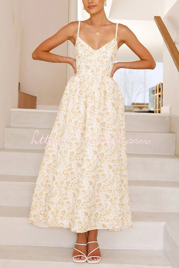 Print V-neck Sleeveless Back Tie Pocket Maxi Dress