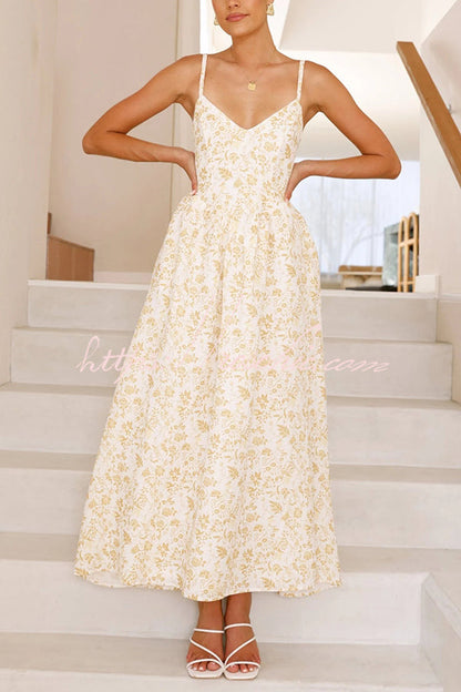 Print V-neck Sleeveless Back Tie Pocket Maxi Dress