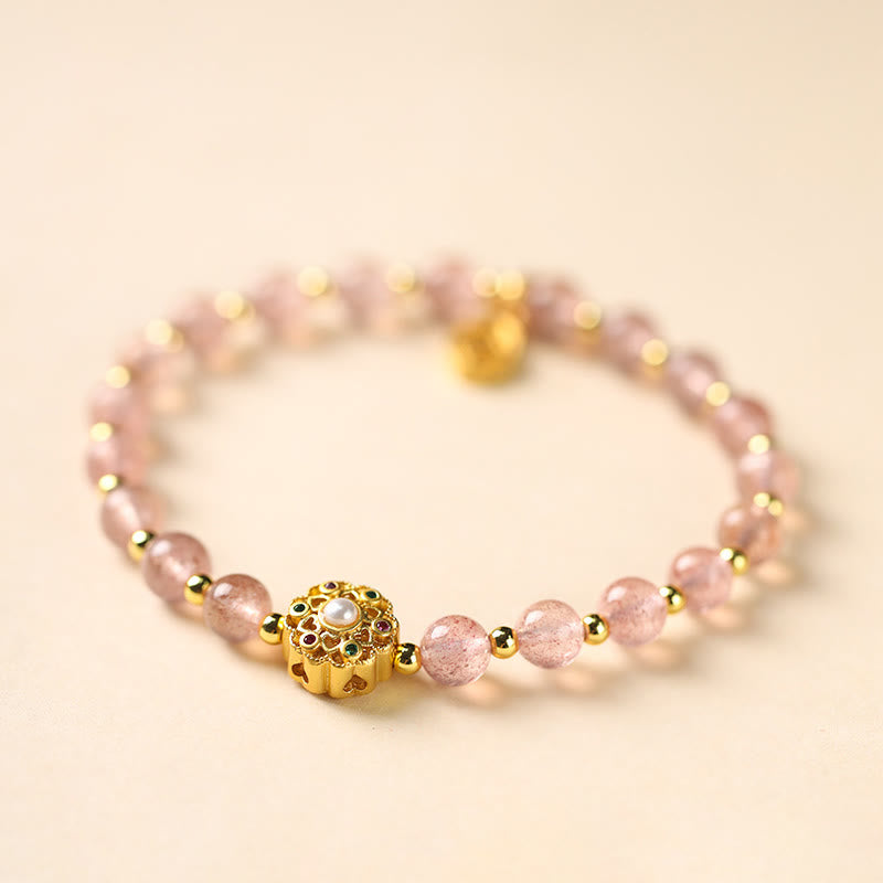 Buddha Stones 14k Gold Plated Natural Strawberry Quartz Labradorite Sun Stone Fu Character Positive Charm Bracelet