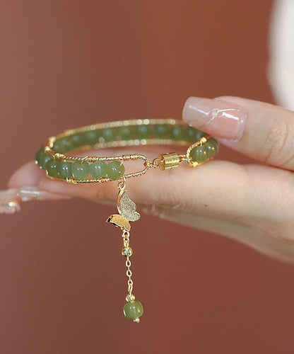 Diy Green Copper Overgild Jade Butterfly Tassel Charm Bracelet