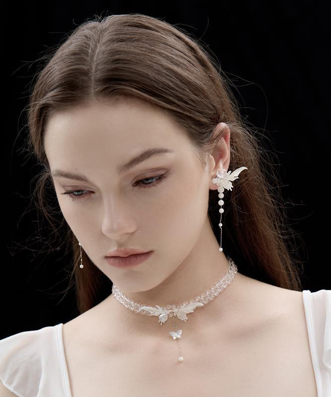 White Srerling Silver Butterfly Wings Tassel Drop Earrings