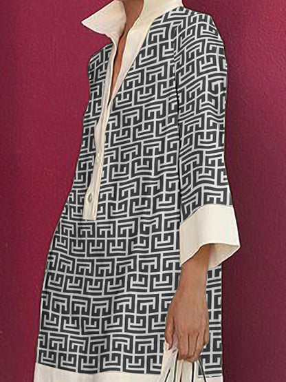 Long Sleeves Three-quarter Sleeves Buttoned Printed Lapel Mini Dresses Shirt Dress