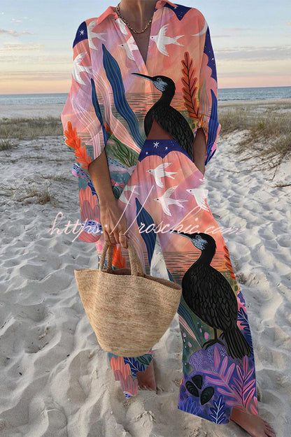 Egret Print Oversized Shirt and Elastic Waist Pocket Pants Set