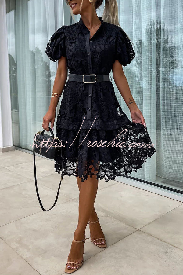 Absolutely Crochet Lace Puff Sleeve Belted Shirt Midi Dress