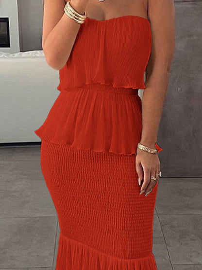 Bodycon Sleeveless Elasticity Pleated Split-joint Tube Maxi Dresses