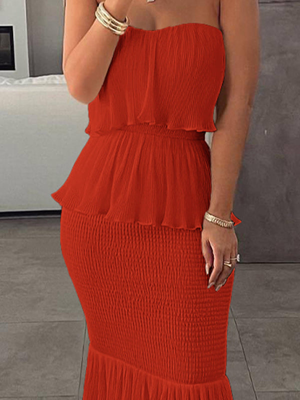 Bodycon Sleeveless Elasticity Pleated Split-joint Tube Maxi Dresses
