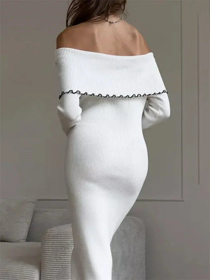 Ruffled Slim Knit Dress ’s Backless Long Sleeve Bandeau Contrast Autumn Party Dress Knitwear Maxi Dress