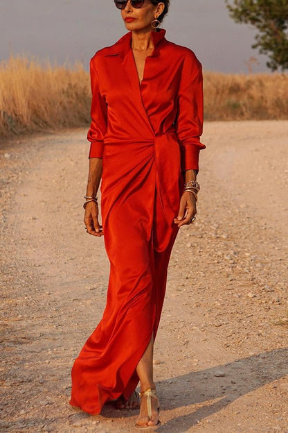 Red Satin Wrap Shirt Maxi Dress Qb034
