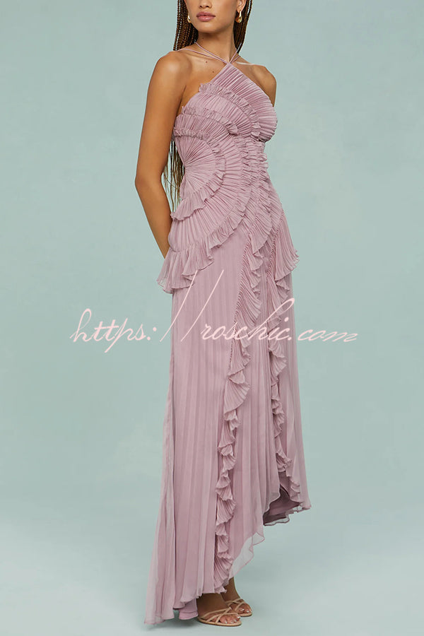 Dream Ode Lily Pad Style Pleats and Ruffles Halter Gown Maxi Dress