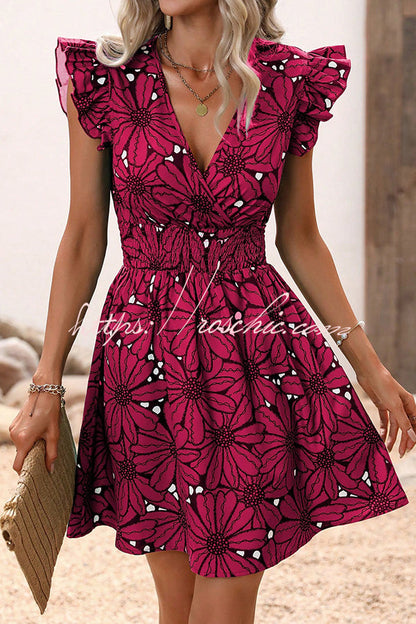 Wonderful Weekend Print Ruffle Sleeve Elastic Waist Mini Dress